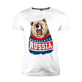 Мужская футболка премиум с принтом Медведь made in Russia , 92% хлопок, 8% лайкра | приталенный силуэт, круглый вырез ворота, длина до линии бедра, короткий рукав | Тематика изображения на принте: made in russia | mountain | russia | кофта | медведь | мишка | патриот | россия | свитер