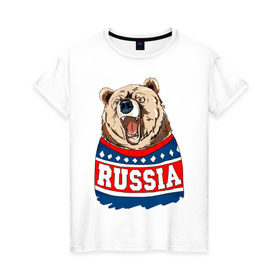 Женская футболка хлопок с принтом Медведь made in Russia , 100% хлопок | прямой крой, круглый вырез горловины, длина до линии бедер, слегка спущенное плечо | made in russia | mountain | russia | кофта | медведь | мишка | патриот | россия | свитер
