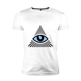 Мужская футболка премиум с принтом Всевидящее око (глаз в треугольнике) , 92% хлопок, 8% лайкра | приталенный силуэт, круглый вырез ворота, длина до линии бедра, короткий рукав | Тематика изображения на принте: иллюминаты