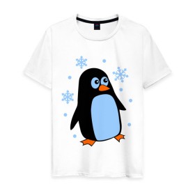 Мужская футболка хлопок с принтом Пингвин под снегом , 100% хлопок | прямой крой, круглый вырез горловины, длина до линии бедер, слегка спущенное плечо. | Тематика изображения на принте: пингвин