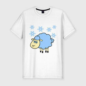 Мужская футболка премиум с принтом Овечка и снег , 92% хлопок, 8% лайкра | приталенный силуэт, круглый вырез ворота, длина до линии бедра, короткий рукав | 2015 | new year | новый год | овца | снег | снежинки