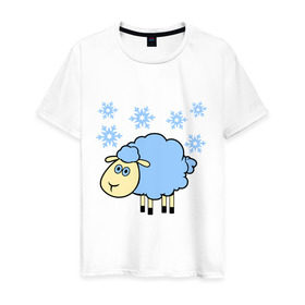 Мужская футболка хлопок с принтом Овечка и снег , 100% хлопок | прямой крой, круглый вырез горловины, длина до линии бедер, слегка спущенное плечо. | 2015 | new year | новый год | овца | снег | снежинки