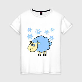 Женская футболка хлопок с принтом Овечка и снег , 100% хлопок | прямой крой, круглый вырез горловины, длина до линии бедер, слегка спущенное плечо | 2015 | new year | новый год | овца | снег | снежинки