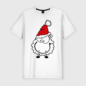 Мужская футболка премиум с принтом Счастливая овечка , 92% хлопок, 8% лайкра | приталенный силуэт, круглый вырез ворота, длина до линии бедра, короткий рукав | Тематика изображения на принте: 2015 | new year | новый год | овечка | овца | счастье