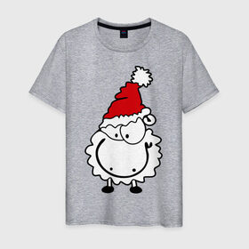 Мужская футболка хлопок с принтом Счастливая овечка , 100% хлопок | прямой крой, круглый вырез горловины, длина до линии бедер, слегка спущенное плечо. | Тематика изображения на принте: 2015 | new year | новый год | овечка | овца | счастье