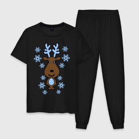 Мужская пижама хлопок с принтом Милый олень и снежинки , 100% хлопок | брюки и футболка прямого кроя, без карманов, на брюках мягкая резинка на поясе и по низу штанин
 | Тематика изображения на принте: new year | новый год | олень | снег | снежинки