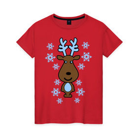Женская футболка хлопок с принтом Милый олень и снежинки , 100% хлопок | прямой крой, круглый вырез горловины, длина до линии бедер, слегка спущенное плечо | new year | новый год | олень | снег | снежинки