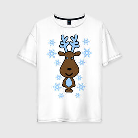 Женская футболка хлопок Oversize с принтом Милый олень и снежинки , 100% хлопок | свободный крой, круглый ворот, спущенный рукав, длина до линии бедер
 | new year | новый год | олень | снег | снежинки