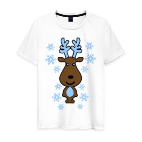 Мужская футболка хлопок с принтом Милый олень и снежинки , 100% хлопок | прямой крой, круглый вырез горловины, длина до линии бедер, слегка спущенное плечо. | new year | новый год | олень | снег | снежинки