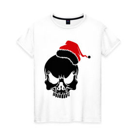 Женская футболка хлопок с принтом Череп в новогодней шапке , 100% хлопок | прямой крой, круглый вырез горловины, длина до линии бедер, слегка спущенное плечо | скелет