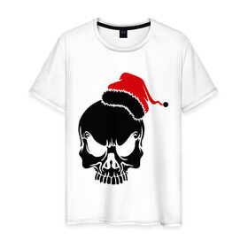 Мужская футболка хлопок с принтом Череп в новогодней шапке , 100% хлопок | прямой крой, круглый вырез горловины, длина до линии бедер, слегка спущенное плечо. | Тематика изображения на принте: скелет
