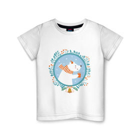 Детская футболка хлопок с принтом Белый мишка , 100% хлопок | круглый вырез горловины, полуприлегающий силуэт, длина до линии бедер | белый мишка | венок | новый год | подарки | праздник | снег | снежинки | холод | шапки
