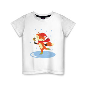 Детская футболка хлопок с принтом Лиса на коньках , 100% хлопок | круглый вырез горловины, полуприлегающий силуэт, длина до линии бедер | лиса