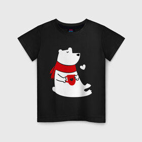 Детская футболка хлопок с принтом Белый мишка , 100% хлопок | круглый вырез горловины, полуприлегающий силуэт, длина до линии бедер | белый мишка | животные. птицы | зима | кружка | новый год | снег | шарф
