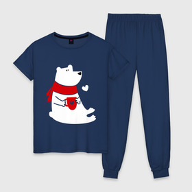 Женская пижама хлопок с принтом Белый мишка , 100% хлопок | брюки и футболка прямого кроя, без карманов, на брюках мягкая резинка на поясе и по низу штанин | белый мишка | животные. птицы | зима | кружка | новый год | снег | шарф