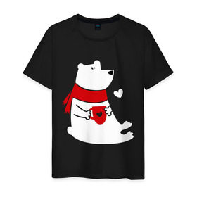 Мужская футболка хлопок с принтом Белый мишка , 100% хлопок | прямой крой, круглый вырез горловины, длина до линии бедер, слегка спущенное плечо. | белый мишка | животные. птицы | зима | кружка | новый год | снег | шарф