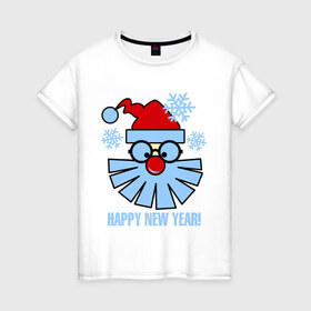 Женская футболка хлопок с принтом Санта Клаус и снежинки , 100% хлопок | прямой крой, круглый вырез горловины, длина до линии бедер, слегка спущенное плечо | new year | дед мороз | зима | новый год | санта | санта клаус | снег
