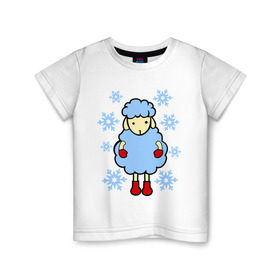 Детская футболка хлопок с принтом Барашек и снежинки , 100% хлопок | круглый вырез горловины, полуприлегающий силуэт, длина до линии бедер | Тематика изображения на принте: барашек | зима | новый год | овечка | овца | снег | снежинки