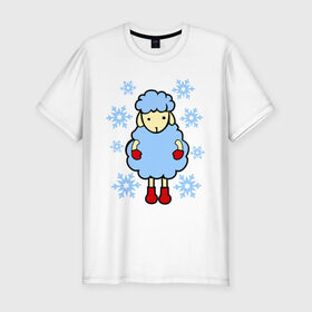 Мужская футболка премиум с принтом Барашек и снежинки , 92% хлопок, 8% лайкра | приталенный силуэт, круглый вырез ворота, длина до линии бедра, короткий рукав | барашек | зима | новый год | овечка | овца | снег | снежинки