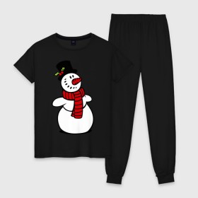 Женская пижама хлопок с принтом Весёлый снеговик , 100% хлопок | брюки и футболка прямого кроя, без карманов, на брюках мягкая резинка на поясе и по низу штанин | Тематика изображения на принте: new year | новый год | рождество | снеговик