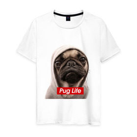 Мужская футболка хлопок с принтом Pug life , 100% хлопок | прямой крой, круглый вырез горловины, длина до линии бедер, слегка спущенное плечо. | Тематика изображения на принте: pug life | жизнь | капюшон | мопс | собака