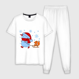 Мужская пижама хлопок с принтом Снеговик с санками , 100% хлопок | брюки и футболка прямого кроя, без карманов, на брюках мягкая резинка на поясе и по низу штанин
 | new year | белка | новый год | сани | снеговик