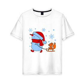 Женская футболка хлопок Oversize с принтом Снеговик с санками , 100% хлопок | свободный крой, круглый ворот, спущенный рукав, длина до линии бедер
 | new year | белка | новый год | сани | снеговик