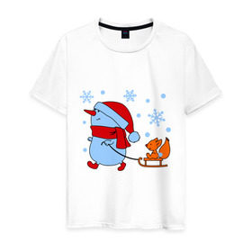 Мужская футболка хлопок с принтом Снеговик с санками , 100% хлопок | прямой крой, круглый вырез горловины, длина до линии бедер, слегка спущенное плечо. | new year | белка | новый год | сани | снеговик