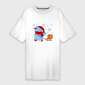 Платье-футболка хлопок с принтом Снеговик с санками ,  |  | new year | белка | новый год | сани | снеговик