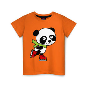 Детская футболка хлопок с принтом Панда на коньках , 100% хлопок | круглый вырез горловины, полуприлегающий силуэт, длина до линии бедер | Тематика изображения на принте: панда