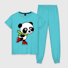 Женская пижама хлопок с принтом Панда на коньках , 100% хлопок | брюки и футболка прямого кроя, без карманов, на брюках мягкая резинка на поясе и по низу штанин | панда