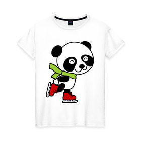 Женская футболка хлопок с принтом Панда на коньках , 100% хлопок | прямой крой, круглый вырез горловины, длина до линии бедер, слегка спущенное плечо | Тематика изображения на принте: панда