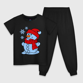 Детская пижама хлопок с принтом Снеговик и снежинки , 100% хлопок |  брюки и футболка прямого кроя, без карманов, на брюках мягкая резинка на поясе и по низу штанин
 | зима | новый год | снег | снеговик | снежинки