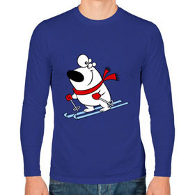 Мужской лонгслив хлопок с принтом Мишка на лыжах. , 100% хлопок |  | белый | зима | лыжи | медведь | мишка | новый год