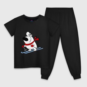Детская пижама хлопок с принтом Мишка на лыжах. , 100% хлопок |  брюки и футболка прямого кроя, без карманов, на брюках мягкая резинка на поясе и по низу штанин
 | белый | зима | лыжи | медведь | мишка | новый год