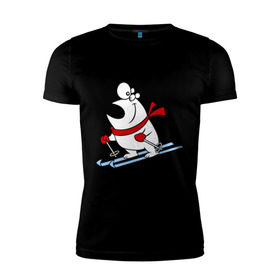 Мужская футболка премиум с принтом Мишка на лыжах. , 92% хлопок, 8% лайкра | приталенный силуэт, круглый вырез ворота, длина до линии бедра, короткий рукав | белый | зима | лыжи | медведь | мишка | новый год