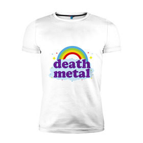 Мужская футболка премиум с принтом Rainbow death metal , 92% хлопок, 8% лайкра | приталенный силуэт, круглый вырез ворота, длина до линии бедра, короткий рукав | будь металистом | волшебство | метал | музыка | оставайся рокером | прикол | радуга | рок | рокерам