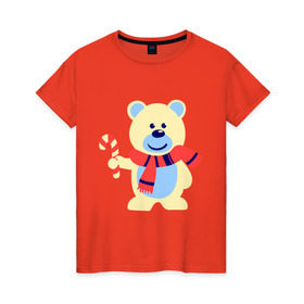 Женская футболка хлопок с принтом Мишка , 100% хлопок | прямой крой, круглый вырез горловины, длина до линии бедер, слегка спущенное плечо | конфета | леденец | медведь | мишка | нг | новый год | шарф