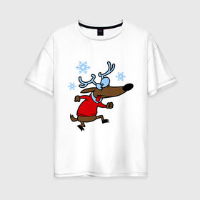 Женская футболка хлопок Oversize с принтом Новогодний олень , 100% хлопок | свободный крой, круглый ворот, спущенный рукав, длина до линии бедер
 | 2015 | new year | новый год | олень | снег