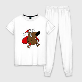 Женская пижама хлопок с принтом Новогодний мишка , 100% хлопок | брюки и футболка прямого кроя, без карманов, на брюках мягкая резинка на поясе и по низу штанин | 2015 | new year | медведь | новый год