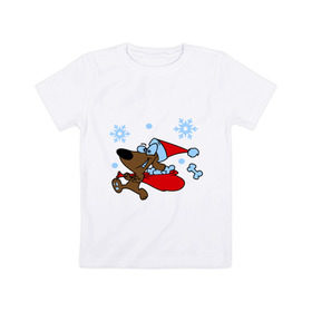 Детская футболка хлопок с принтом Собачка в новогоднем колпаке , 100% хлопок | круглый вырез горловины, полуприлегающий силуэт, длина до линии бедер | new year | новый год | пес | собака