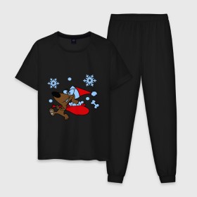 Мужская пижама хлопок с принтом Собачка в новогоднем колпаке , 100% хлопок | брюки и футболка прямого кроя, без карманов, на брюках мягкая резинка на поясе и по низу штанин
 | Тематика изображения на принте: new year | новый год | пес | собака