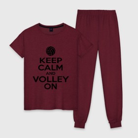 Женская пижама хлопок с принтом Keep calm and volley on , 100% хлопок | брюки и футболка прямого кроя, без карманов, на брюках мягкая резинка на поясе и по низу штанин | волейбол