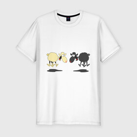 Мужская футболка премиум с принтом Прыгающие овечки , 92% хлопок, 8% лайкра | приталенный силуэт, круглый вырез ворота, длина до линии бедра, короткий рукав | Тематика изображения на принте: 2015 | бараны | животные | овечки | приколы | символ года | ягнята