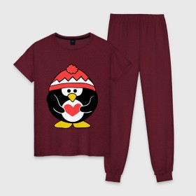 Женская пижама хлопок с принтом Пингвин с сердцем , 100% хлопок | брюки и футболка прямого кроя, без карманов, на брюках мягкая резинка на поясе и по низу штанин | пингвин