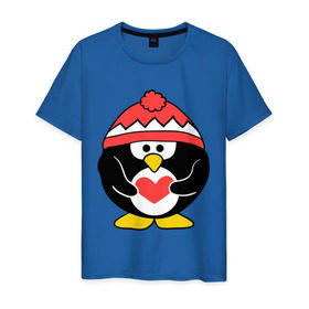 Мужская футболка хлопок с принтом Пингвин с сердцем , 100% хлопок | прямой крой, круглый вырез горловины, длина до линии бедер, слегка спущенное плечо. | Тематика изображения на принте: пингвин