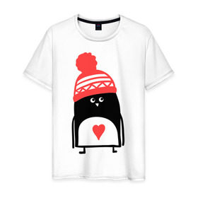Мужская футболка хлопок с принтом Пингвин в шапке , 100% хлопок | прямой крой, круглый вырез горловины, длина до линии бедер, слегка спущенное плечо. | Тематика изображения на принте: пингвин