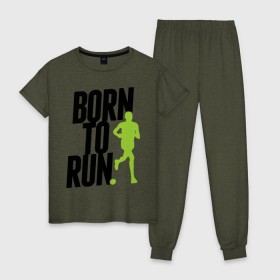 Женская пижама хлопок с принтом Рожден для бега , 100% хлопок | брюки и футболка прямого кроя, без карманов, на брюках мягкая резинка на поясе и по низу штанин | born to run | run | бегать | рожден | рожден бежать