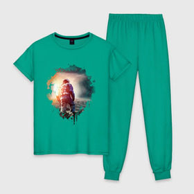 Женская пижама хлопок с принтом Interstellar , 100% хлопок | брюки и футболка прямого кроя, без карманов, на брюках мягкая резинка на поясе и по низу штанин | interstellar | интерстеллар | космонавт | космос