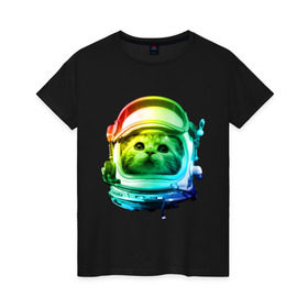 Женская футболка хлопок с принтом Кот космонавт , 100% хлопок | прямой крой, круглый вырез горловины, длина до линии бедер, слегка спущенное плечо | space | астронавт | животные | звезды | космос | кот | кошка | мордочка | шлем